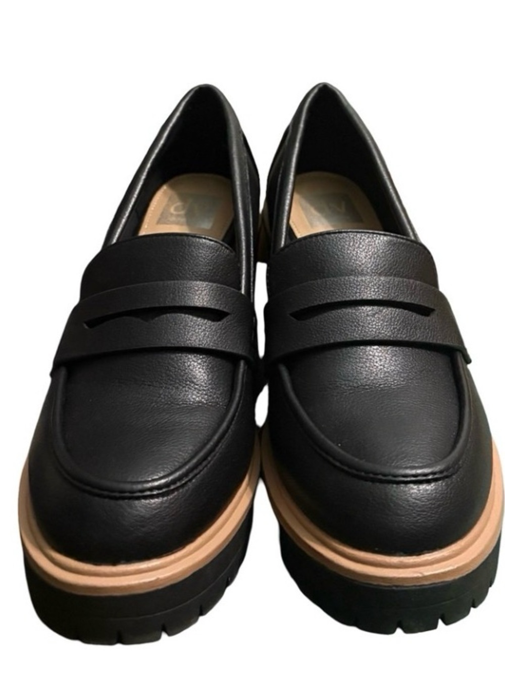 DV by Dolce Vita Black Leather Chunky 3 inch Heel Loafers with Tan Trim - Picture 2 of 7
